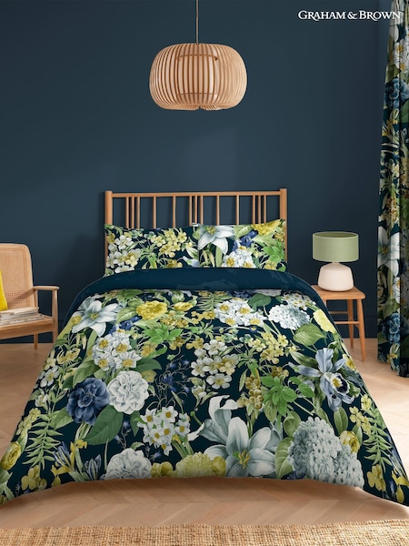 Graham & Brown Navy Blue Glasshouse Flora 100% Cotton Duvet Cover and Pillowcase Set (D41694) | £100 - £130