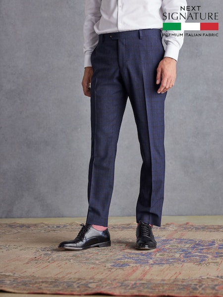 Navy Blue Slim Fit Signature Italian Fabric Check Suit: Trousers (D43295) | £110