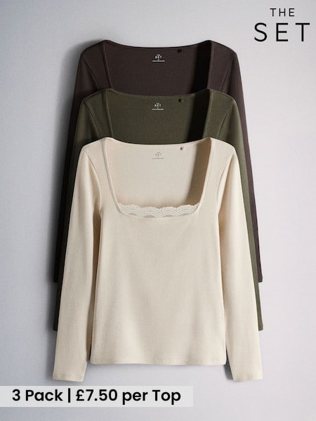 Khaki Green/Brown/Neutral - The Set 3 Pack Ribbed Lace Square Neck Tops