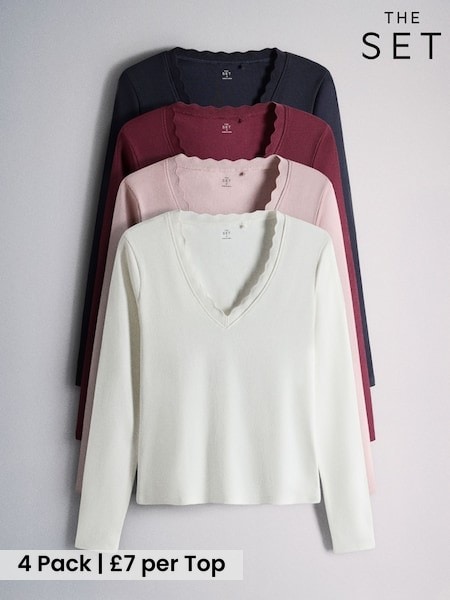 Navy/Burgundy/Lilac/Ecru - The Set 4 Pack Ribbed V-neck Scallop Long Sleeve Tops
