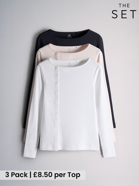 Navy/Pink/White - The Set 3 Pack Asymmetric Button Through Long Sleeve Tops