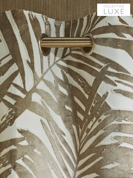 Champagne Natural Collection Luxe Velvet Palm Leaf Eyelet Lined Curtains (D45420) | £175 - £350