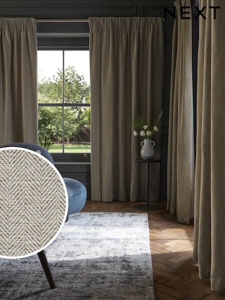 Grey Herringbone Weave Pencil Pleat Lined Curtains (D45436) | £65 - £150