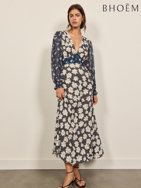 Multi - Chiffon Long Sleeve Floral Print Midi Dress