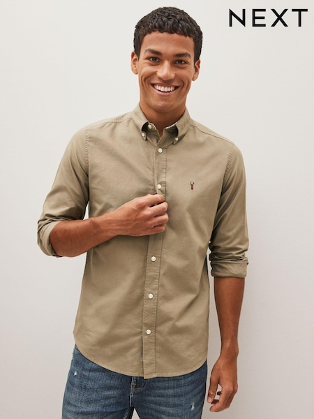 Stone Neutral Slim Fit Long Sleeve Oxford Shirt (D48112) | £26