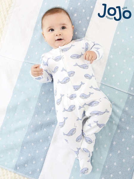 JoJo Maman Bébé Blue Whale Print Zip Cotton Baby Sleepsuit (D51873) | £20