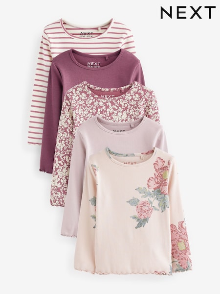 Pink Floral Ribbed Long Sleeve Tops 5 Pack (3mths-7yrs) (D57080) | £23 - £27