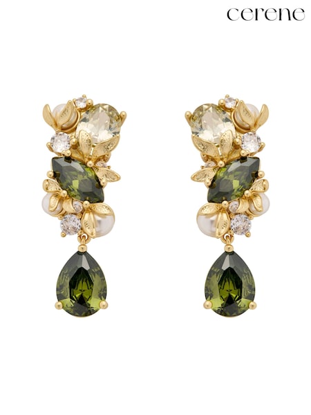 Olive Green Gold Tone - Cerene Crystal Blossom Drop Earrings