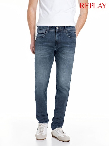 Blue - Regular Replay Grover 12 Oz Mid Blue Power Stretch Denim Jeans