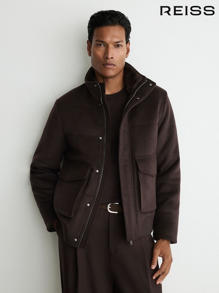 Dark Brown - Regular Reiss Fasten Wool-blend Faux Fur-collar Quilted Jacket