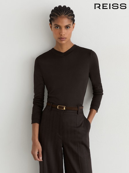 Chocolate Brown - Reiss Brody High V-neck Long-sleeve Top