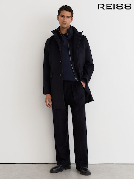 Navy - Regular Reiss Fossil Wool-blend Gilet-insert Single-breasted Coat