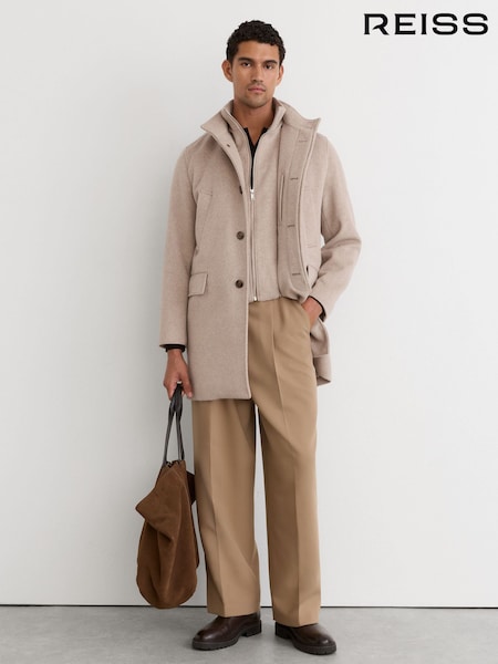 Oatmeal - Regular Reiss Fossil Wool-blend Gilet-insert Single-breasted Coat