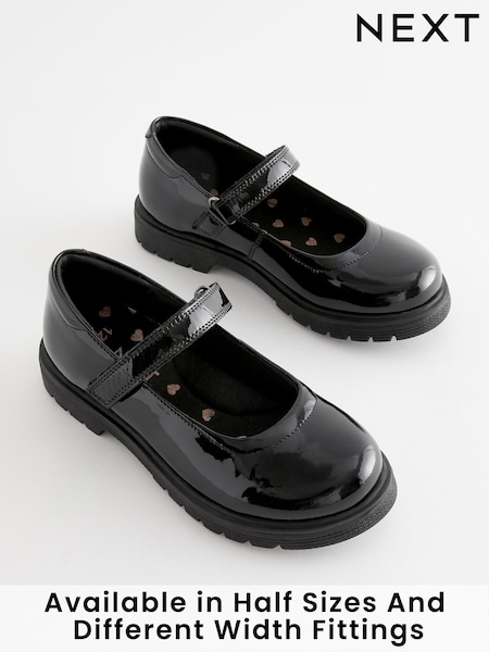 Black Patent Wide Fit (G) School Leather Chunky Mary Jane Shoes (D64663) | £33 - £40