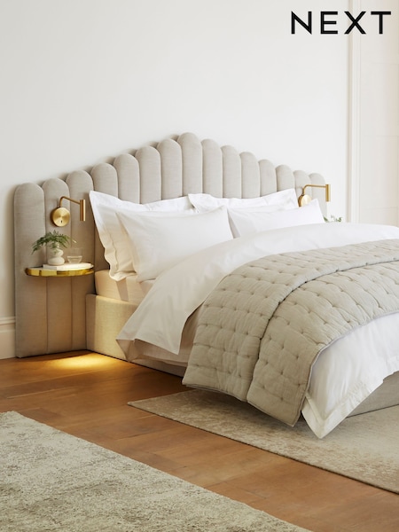 Soft Texture Light Natural Adele Upholstered Hotel Bed Frame with Ottoman Storage, Bedside Tables and Lights (D66328) | £1,265 - £1,465