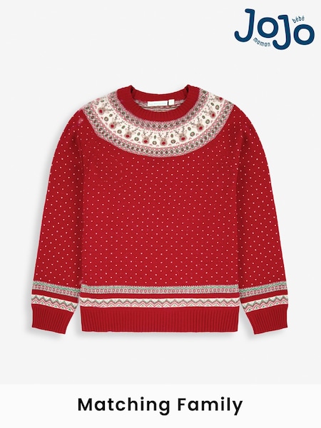 JoJo Maman Bébé Red Knitted Christmas Reindeer Fair Isle Pattern Jumper (D66875) | £39.50