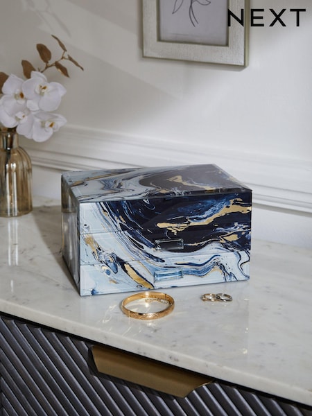 Navy Marble Effect Large Glass Jewellery Box (D70369) | £40