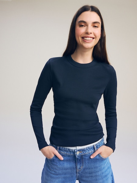 Navy Long Sleeve Ribbed Crew Neck Top (D70419) | £18