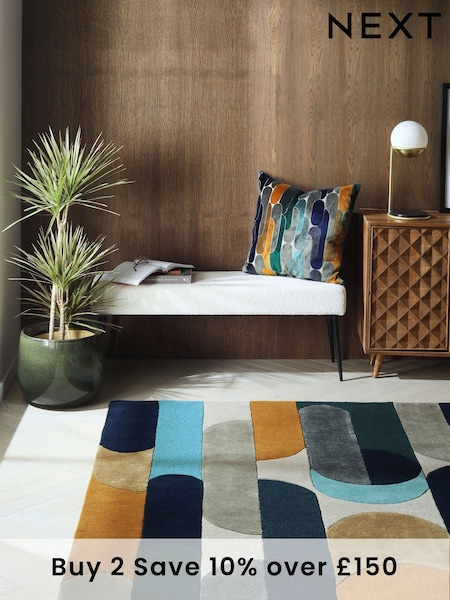 Navy Blue Retro Shapes Rug (D71013) | £120 - £300
