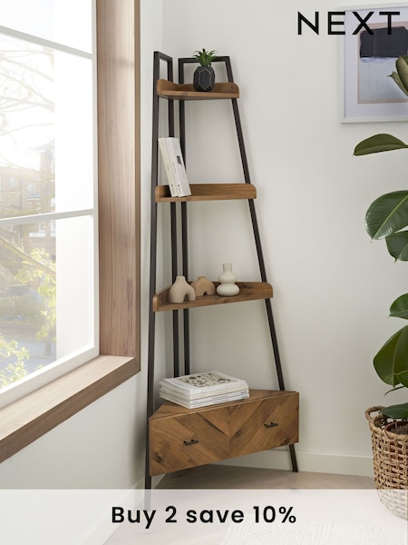 Dark Bronx Ladder Chevron Oak Effect Storage Corner Shelf (D71289) | £275