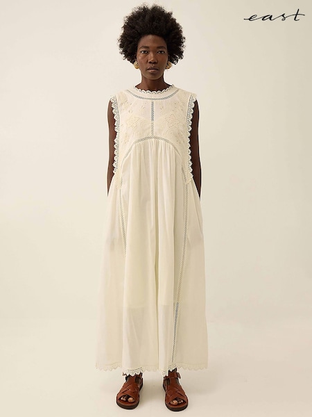 White - East Winnie Butter Broderie Lace Waisted Midi Dress