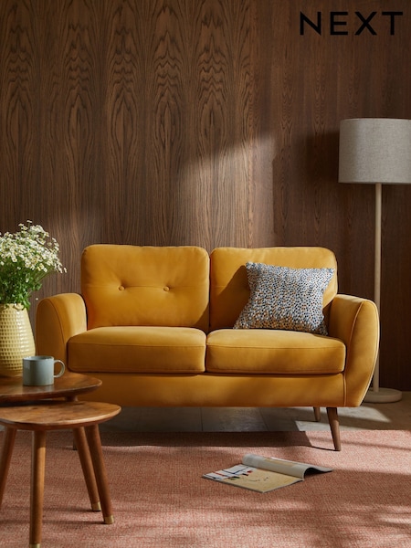 Soft Velvet Ochre Yellow Bronx Leg Wilson Compact 2 Seater Sofa in a Box (D74272) | £475