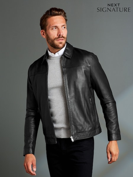 Black Signature Leather Collared Jacket (D76160) | £145