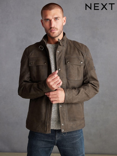 Brown Four Pocket Nubuck Leather Biker Jacket (D76162) | £175