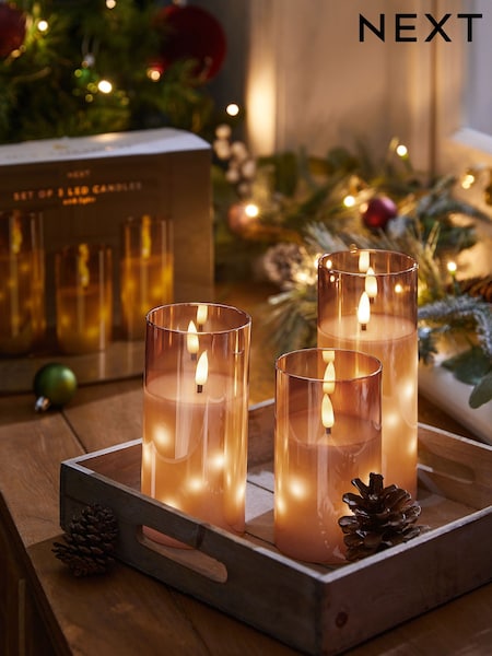 Set of 3 Gold Glass LED Candles (D76674) | £24