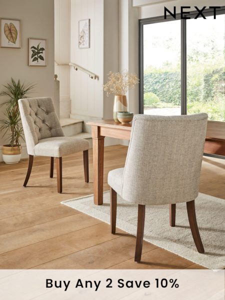 Set of 2 Chunky Weave Mid Natural Wolton Walnut Effect Leg Collection Luxe Button Dining Chairs (D78340) | £370