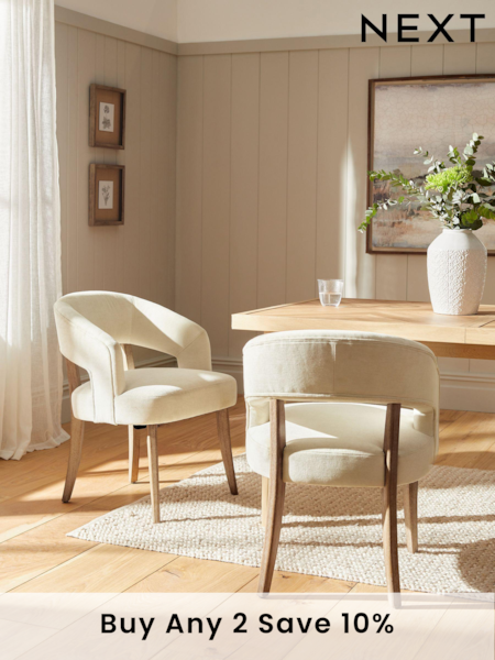 Set of 2 Fine Chenille Light Natural Remi Mid Wood Leg Dining Chairs (D78342) | £360