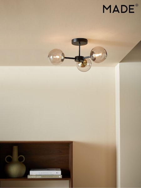 MADE.COM Black Antique Brass Globe 3 Light Flush Ceiling Light (D78398) | £79