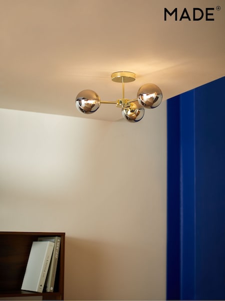 MADE.COM Brass/Smoked Glass Globe 3 Light Flush Ceiling Light (D78400) | £79