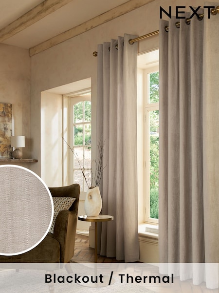 Natural Matte Chenille Blackout/Thermal Eyelet Curtains (D81294) | £85 - £175