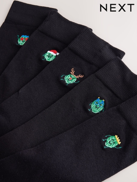 Black Christmas Brussel Sprouts - Regular Embroidered Socks 5 Pack