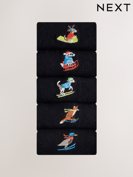 Black Christmas Animal Activity - Regular Embroidered Socks 5 Pack