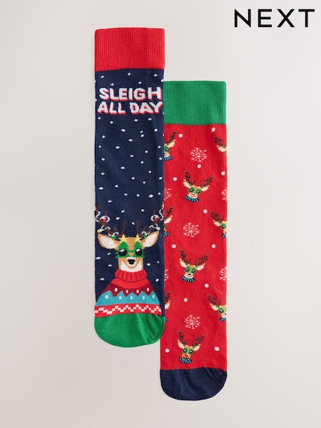 Navy/Red Sleigh all Day Reindeer - Regular Christmas Socks 2 Pack