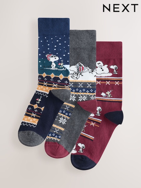 Navy/Burgundy - Regular Snoopy Christmas Socks 3 Pack