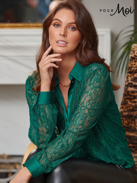 Pour Moi Green Forest Clara Lace Button Front Long Sleeve Shirt (D86088) | £42
