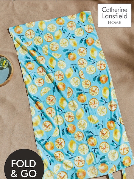 Catherine Lansfield Green Lemon and Orange Print 100% Cotton Beach Towel In A Bag (D86652) | £15