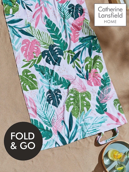 Catherine Lansfield Pink Tropical Palm 100% Cotton Beach Towel In A Bag (D86653) | £15