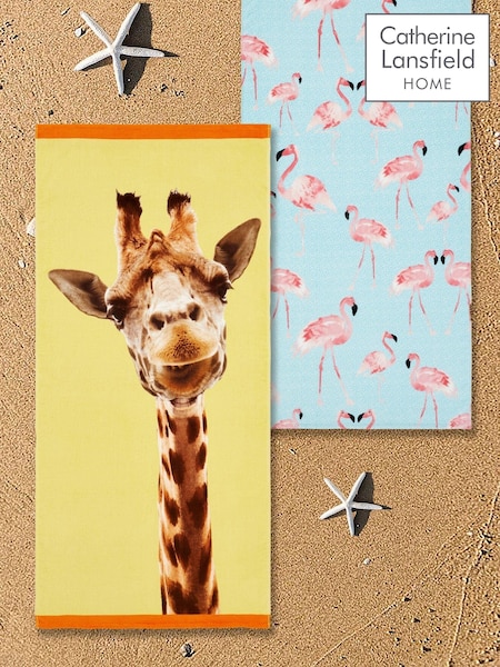Catherine Lansfield 2 Pack Natural Flamingo Giraffe 100% Cotton Beach Towels (D86654) | £20