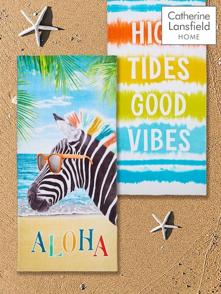 Catherine Lansfield 2 Pack Natural Tie Dye Vibes Aloha Zebra 100% Cotton Beach Towels (D86655) | £20