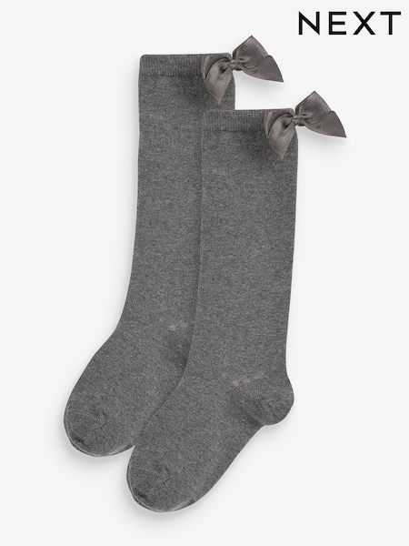 Grey 2 Pack Cotton Rich Bow Knee High Socks (D89964) | £5 - £6