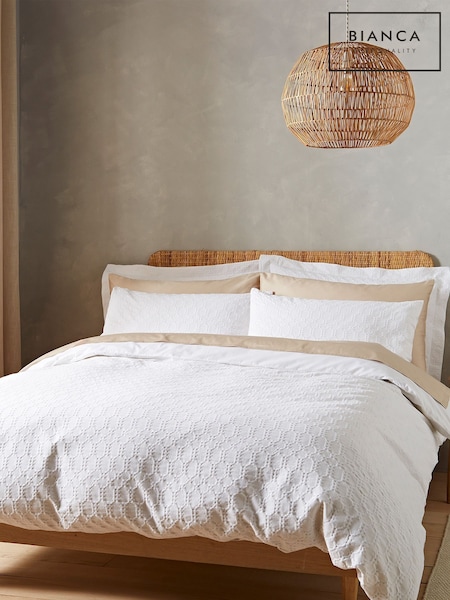 Bianca White Waffle 100% Cotton Circle Duvet Cover and Pillowcase Set (D90454) | £30 - £65