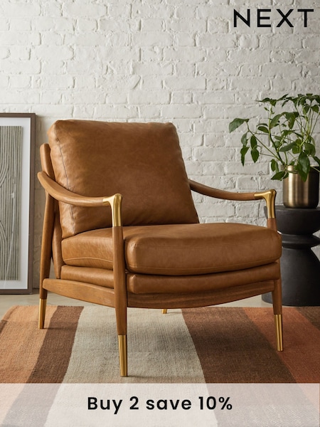 Vintaged Faux Leather Light Brown Flinton Wooden Accent Chair (D91483) | £399