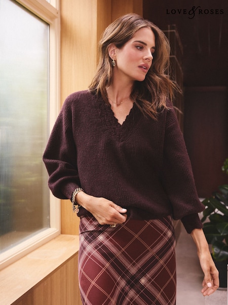 Burgundy - Love & Roses V-neck Knitted Lace Cosy Jumper