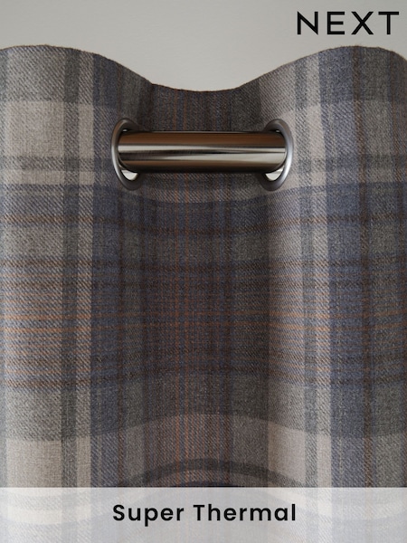Blue/Grey Next Alpine Check Super Thermal Eyelet Curtains (D94424) | £85 - £180