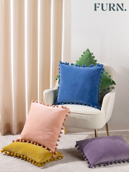 Furn Sky Blue Dora 100% Cotton Velvet Pom-Pom Trim Cushion (D95631) | £20
