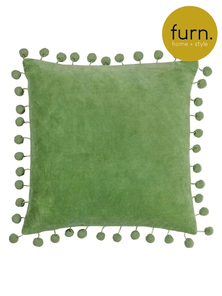 Furn Leaf Green Dora 100% Cotton Velvet Pom-Pom Trim Cushion (D95633) | £20